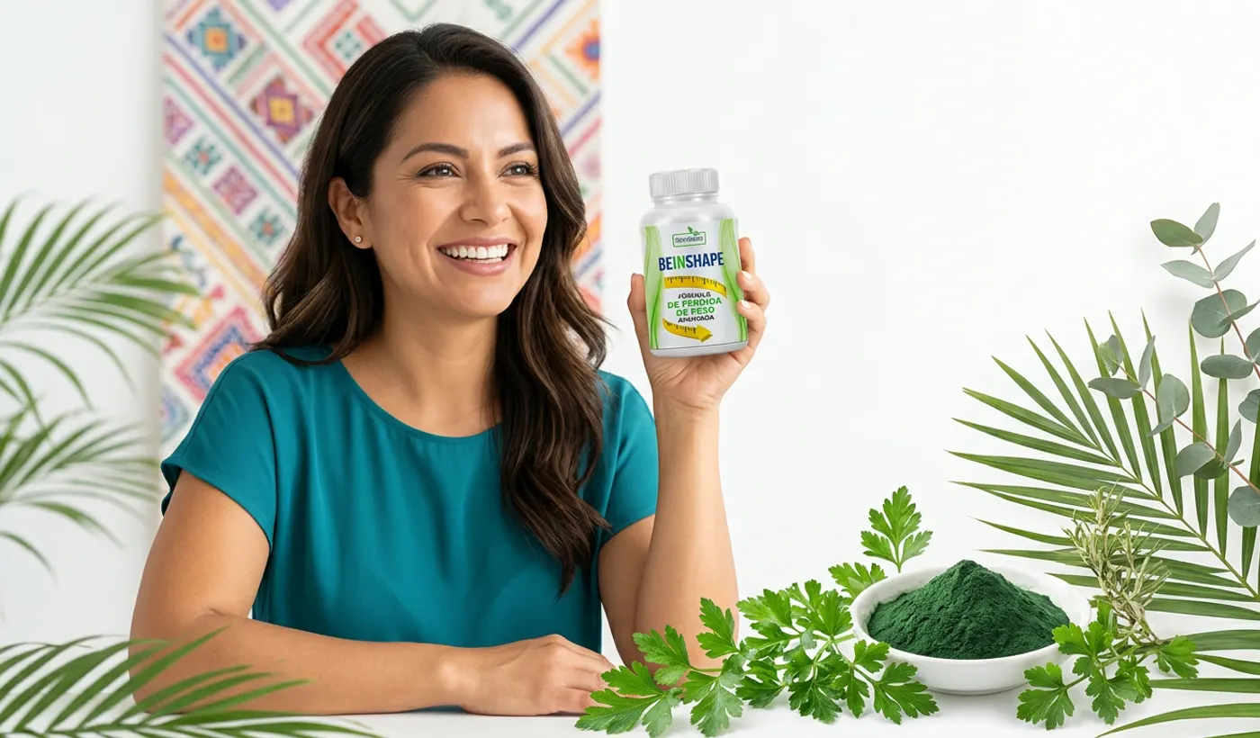 Mujer mexicana sosteniendo cápsulas naturales BeInShape